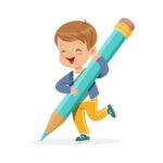 A cartoon boy holds a giant pencil