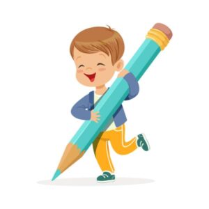A cartoon boy holds a giant pencil